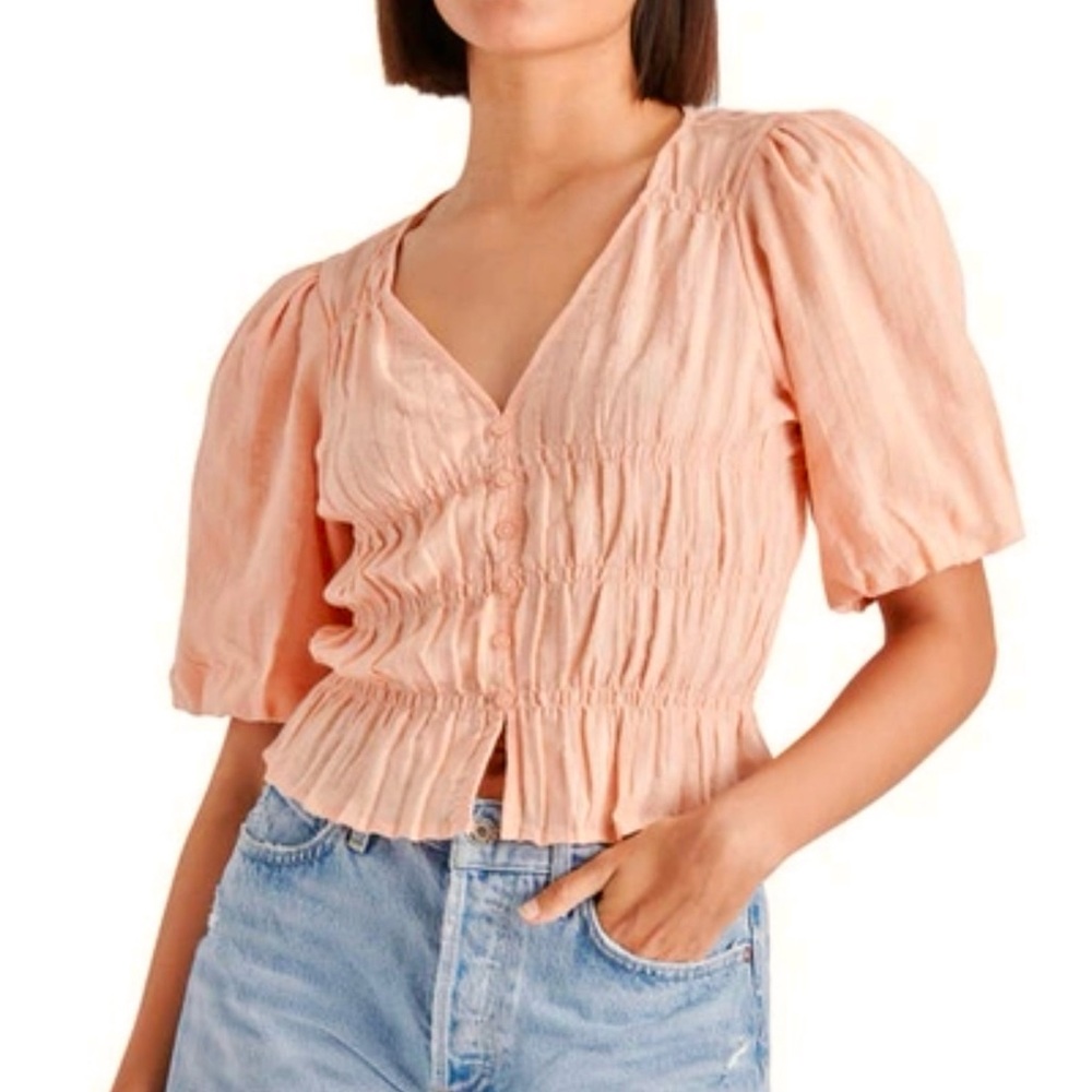 Steve Madden Summer Ting Peach Cropped Puff Sleeve Top Shirred Peach Blouse L